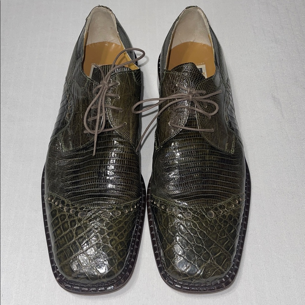 David Eden Sophisticated Olive Crocodile Lizard Derby Shoes